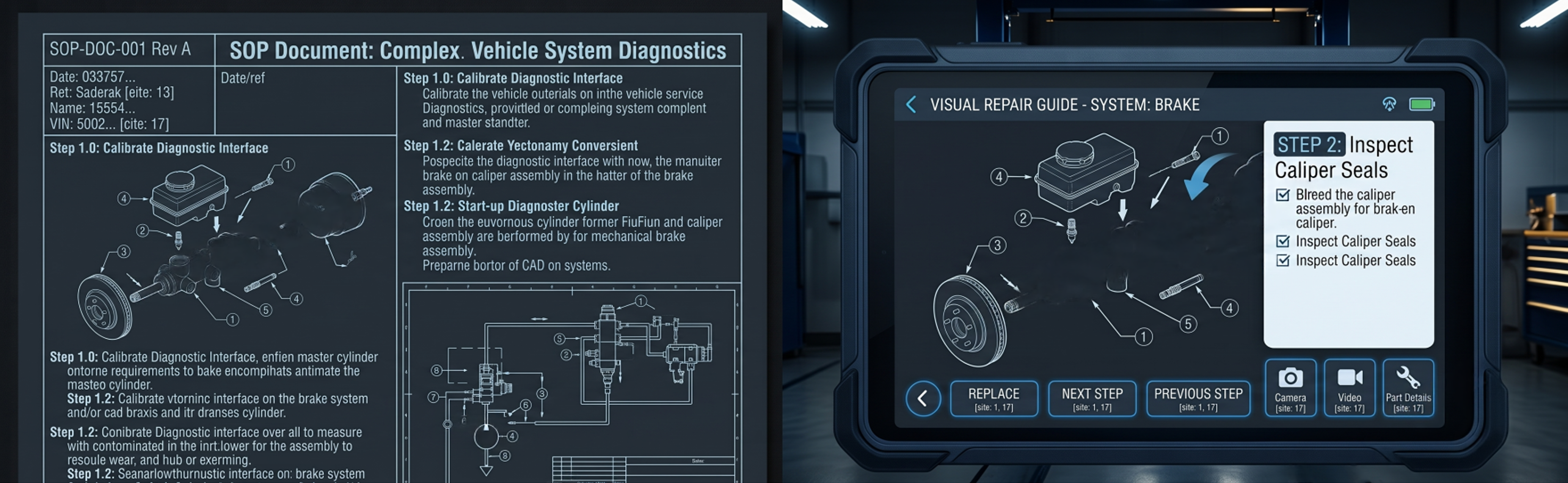 An SOP document being automatically converted into an interactive step-by-step visual repair guide for technicians