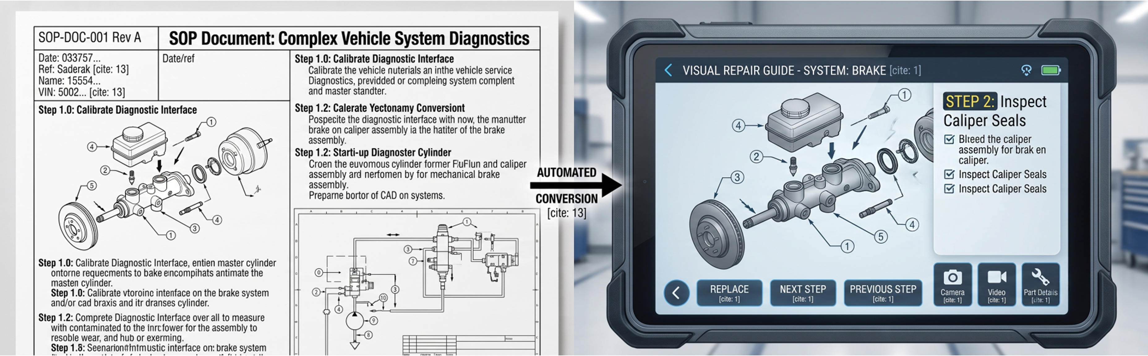 An SOP document being automatically converted into an interactive step-by-step visual repair guide for technicians